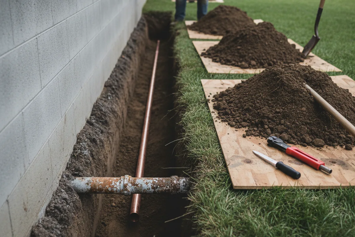 Excavated water line trench during Sewer Line Repair in Valley Stream